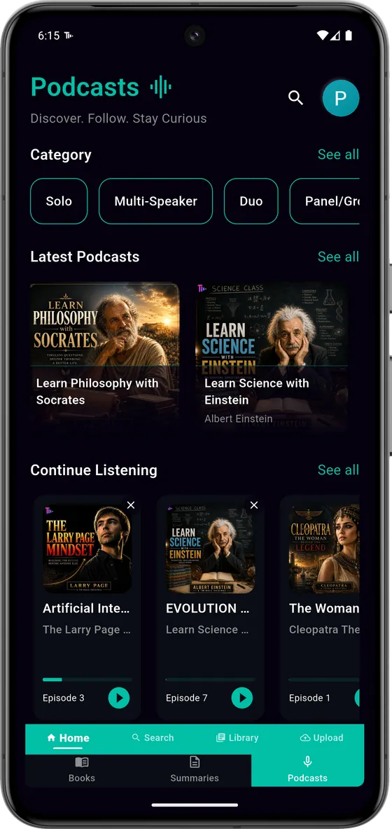 Twingle podcast home screen with shows to discover and follow