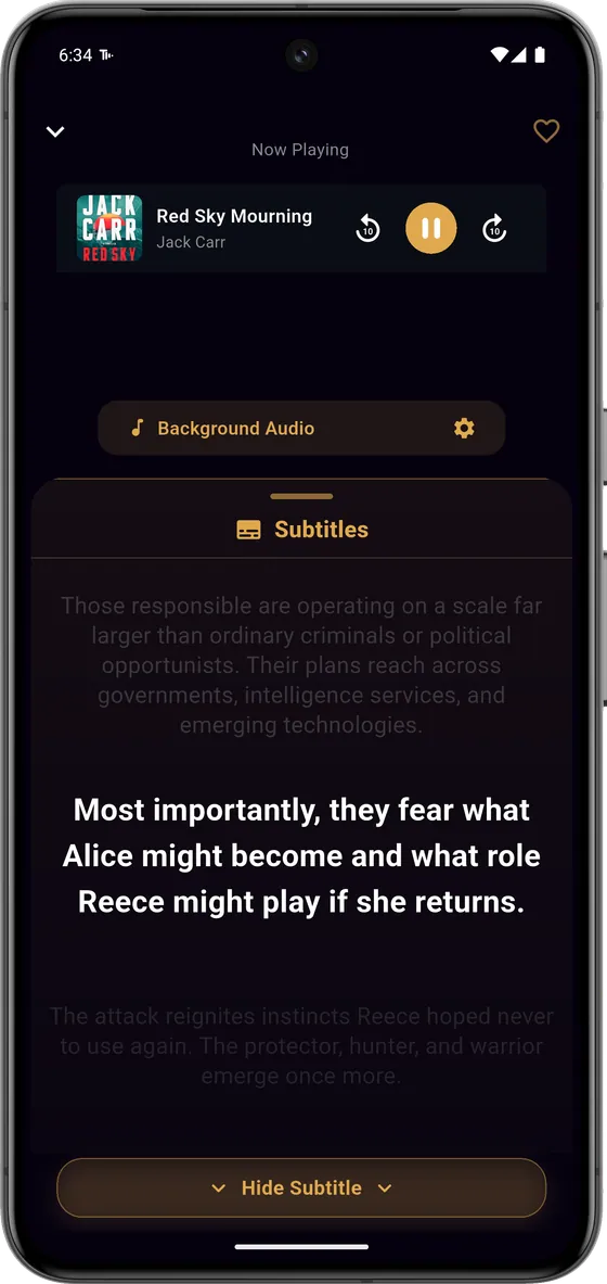 Listening to an audiobook with synced subtitles visible in the Twingle player